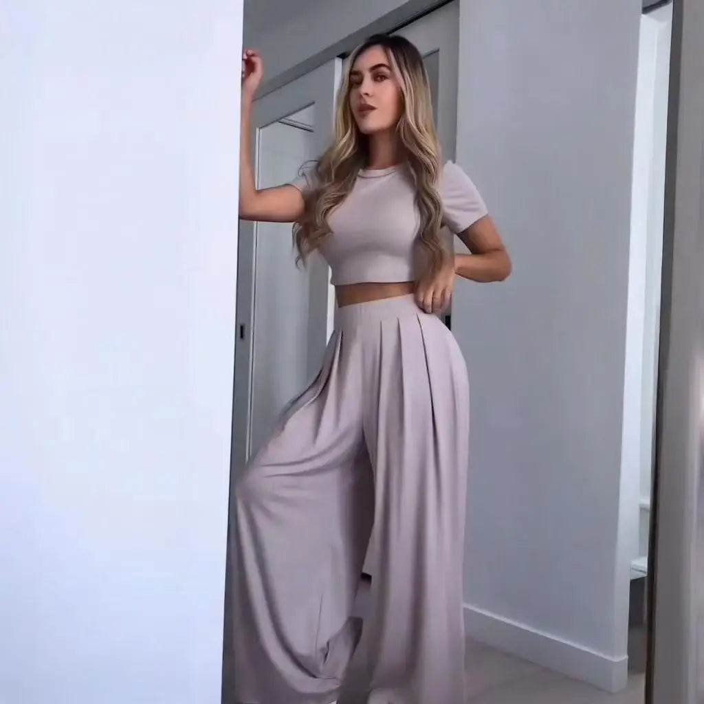 2025 Summer European and American Crew Neck Solid Color Sexy Wide-leg Pants Fashion Casual Set for Women