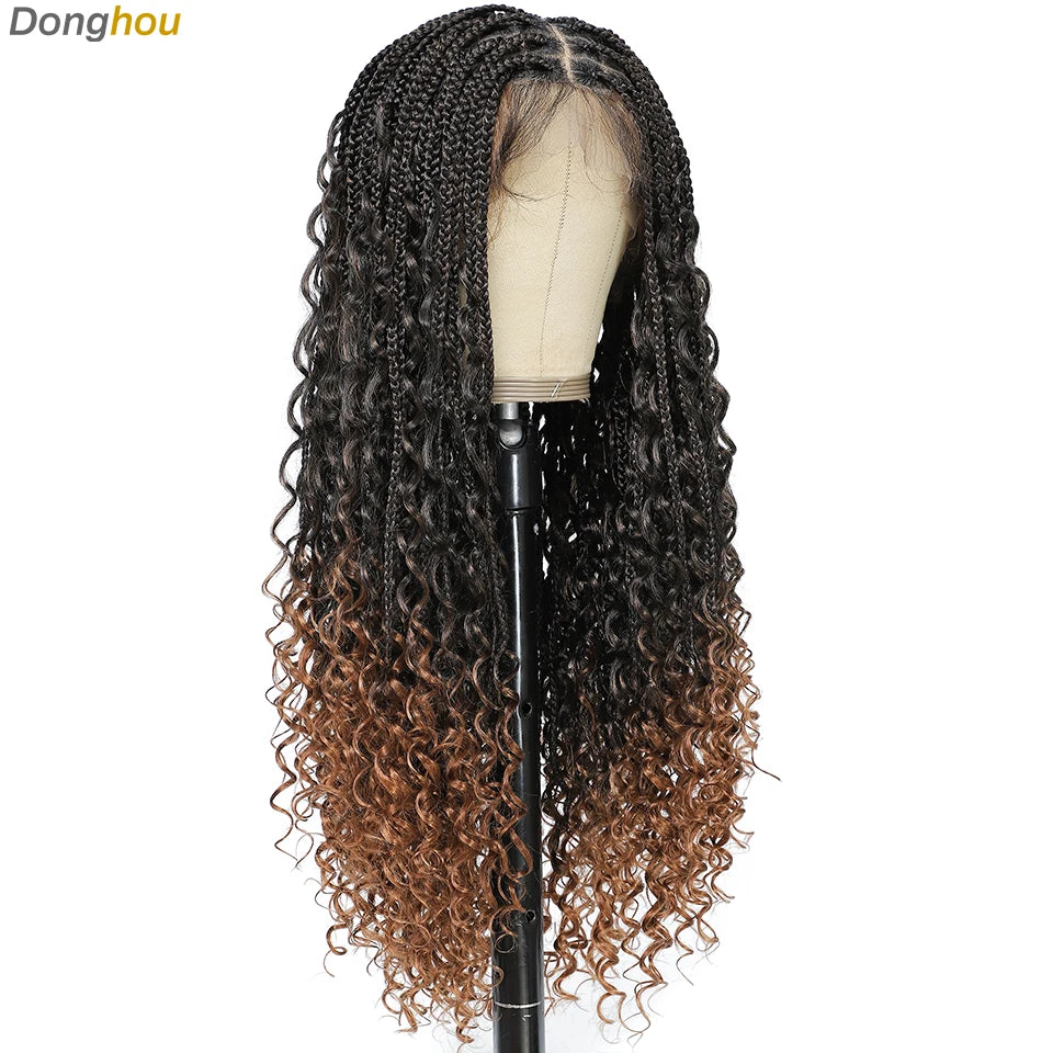 Boho Goddess Box Braid Wig with Baby Hair Lace Front Braided Wigs for Women Brown Hair Synthetic Blended Braids Wig Curly Hair