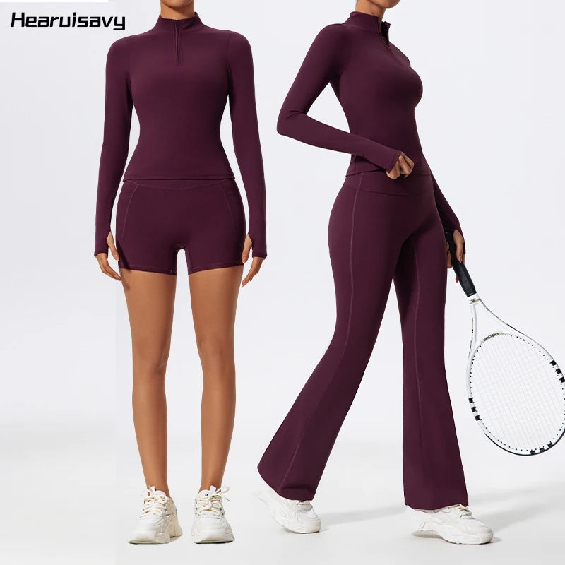 Hearuisavy Half Zipper Yoga Suit Outdoor Workout Clothing Casual Gym Set Women Flared Pants 2Pcs Sports Long Sleeves Shirt Suit