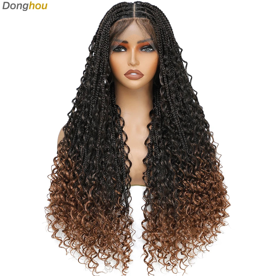 Boho Goddess Box Braid Wig with Baby Hair Lace Front Braided Wigs for Women Brown Hair Synthetic Blended Braids Wig Curly Hair