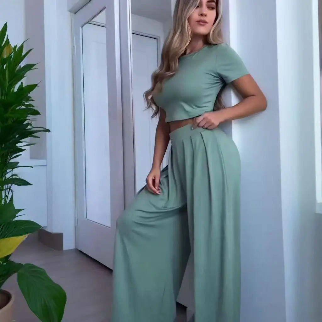 2025 Summer European and American Crew Neck Solid Color Sexy Wide-leg Pants Fashion Casual Set for Women