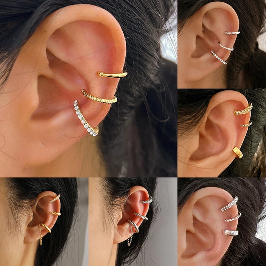 3Pcs Simple Crystal Ear Cuff For Women Teens Gold Silver Color Non Piercing Fake Cartilage Clip Earrings Set Fashion Jewelry
