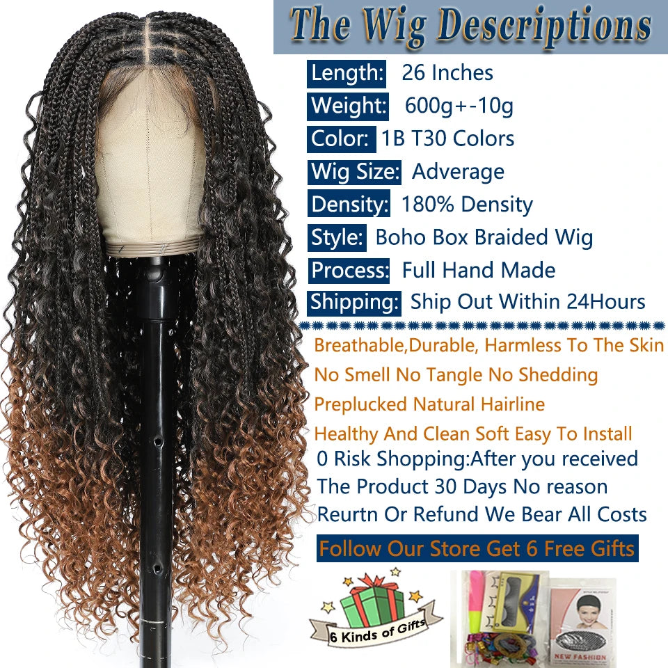 Boho Goddess Box Braid Wig with Baby Hair Lace Front Braided Wigs for Women Brown Hair Synthetic Blended Braids Wig Curly Hair