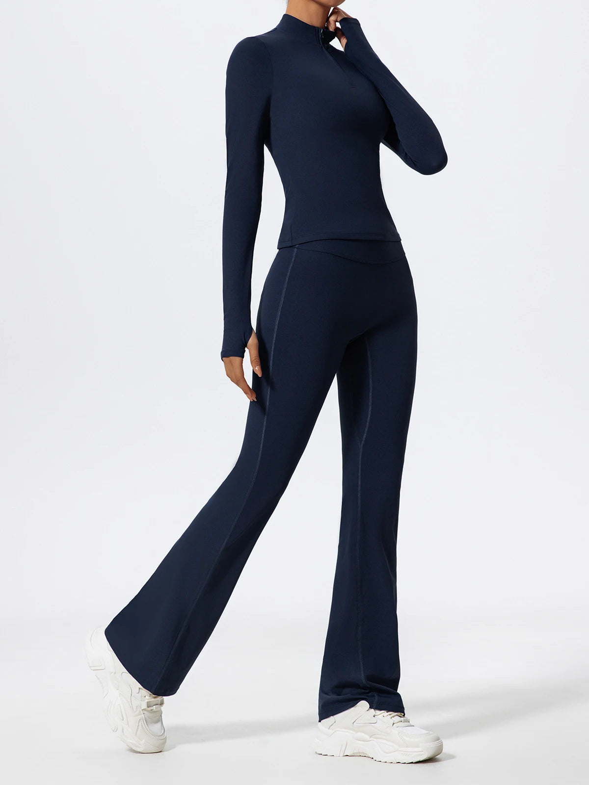 Hearuisavy Half Zipper Yoga Suit Outdoor Workout Clothing Casual Gym Set Women Flared Pants 2Pcs Sports Long Sleeves Shirt Suit