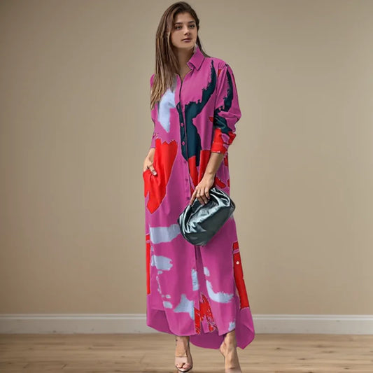 Fashion Sexy Side Split Turn Down Collar Shirt Long Dress Elegant Temperament Printed Long Sleeve Pocket Single Breasted Dress