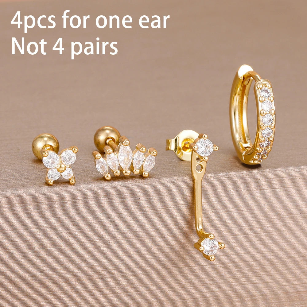 4pcs Korean Stainless Steel Zircon Water Drop Piercing Earrings Set For Women Simple Huggie Square Hoop Earring Fashion Jewelry