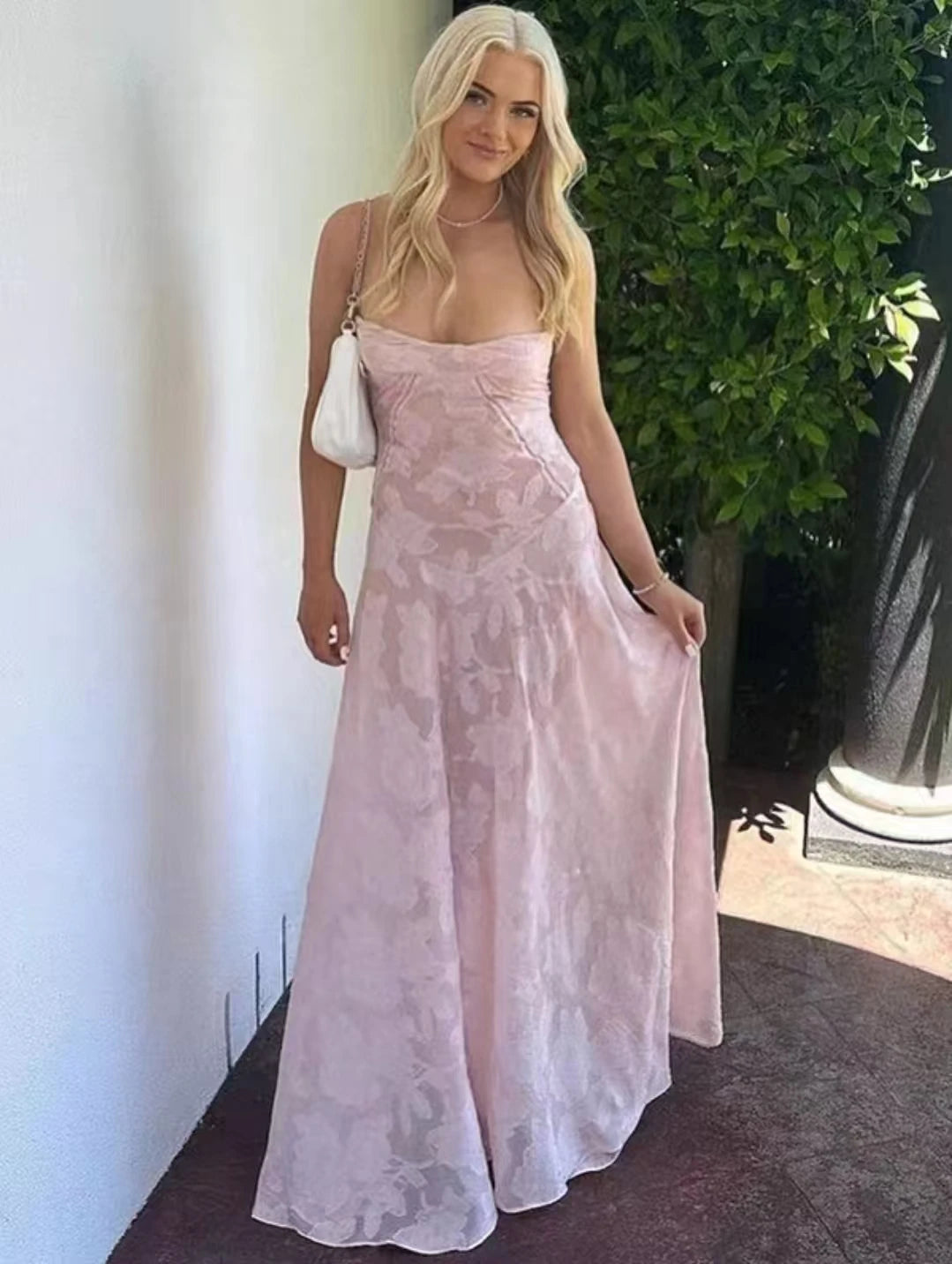 Laxsesu French romantic atmosphere pink jacquard camisole dress for women - elegant lightweight slim-fit hot girl maxi dress