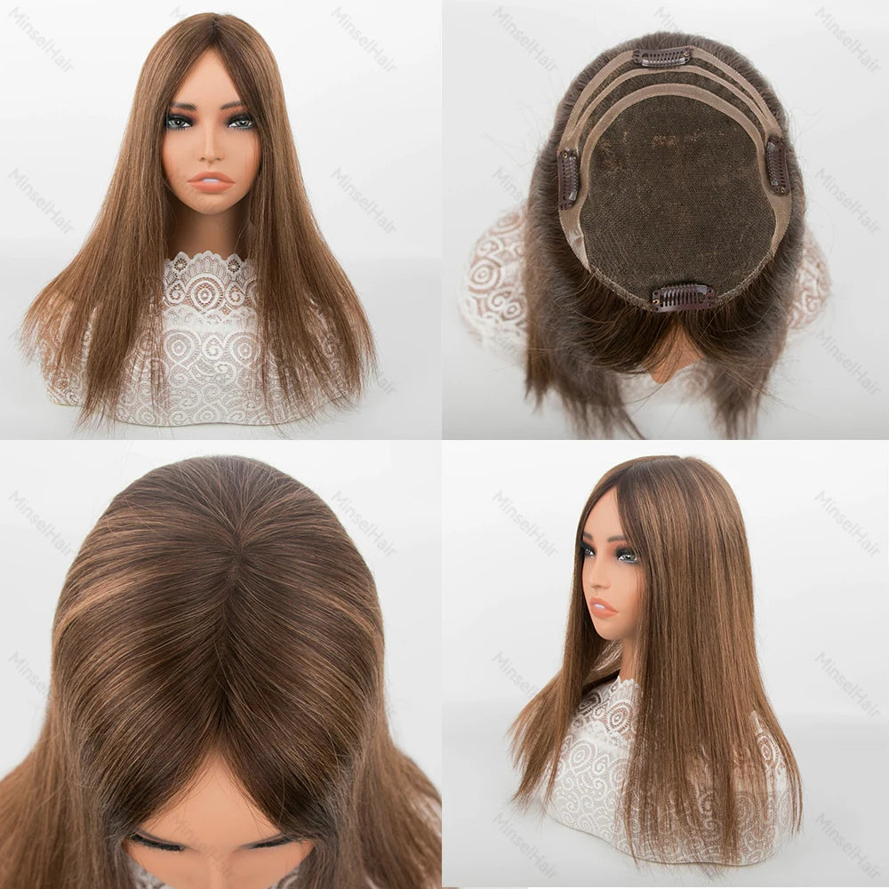 Balayage Brown 5x6 Swiss Lace Human Hair Toppers Premium Remy Hair 14"-16" Hand-Crocheted 130% Density Breathable