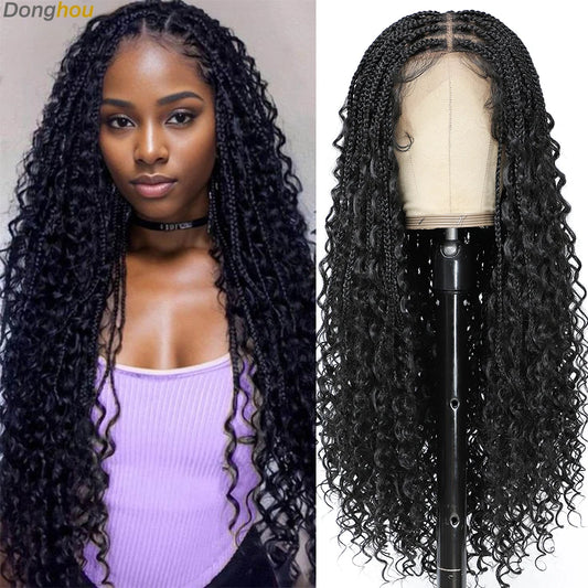 Donghou 24” Boho Box Braid Wigs Embroidery Bohemian Braids Wigs Knotless Square Part Braided Lace Wig Pre Plucked with Baby Hair