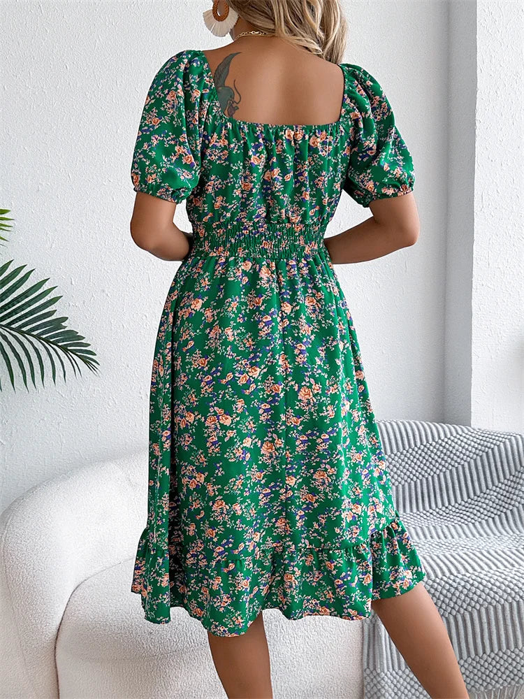 Spring Summer Square Collar Floral Mid-Length Dress Women's Casual Print A-Line Dress
