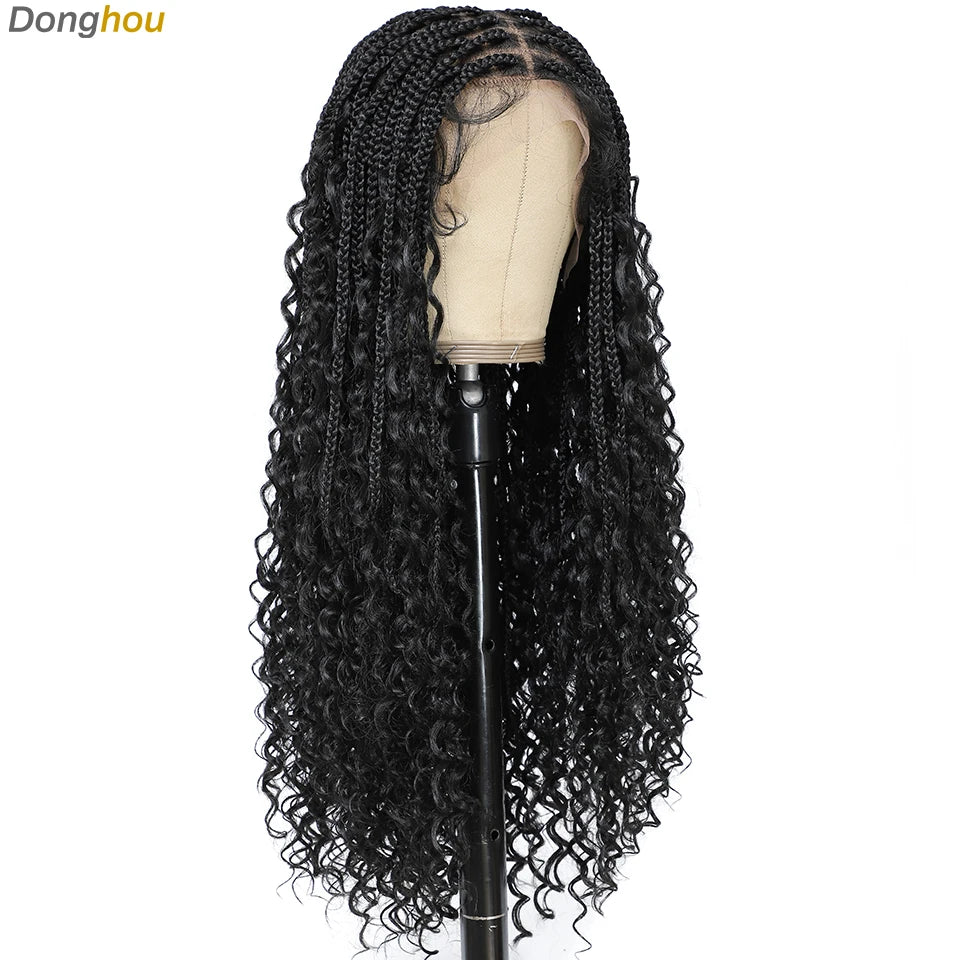 Boho Goddess Box Braid Wig with Baby Hair Lace Front Braided Wigs for Women Brown Hair Synthetic Blended Braids Wig Curly Hair