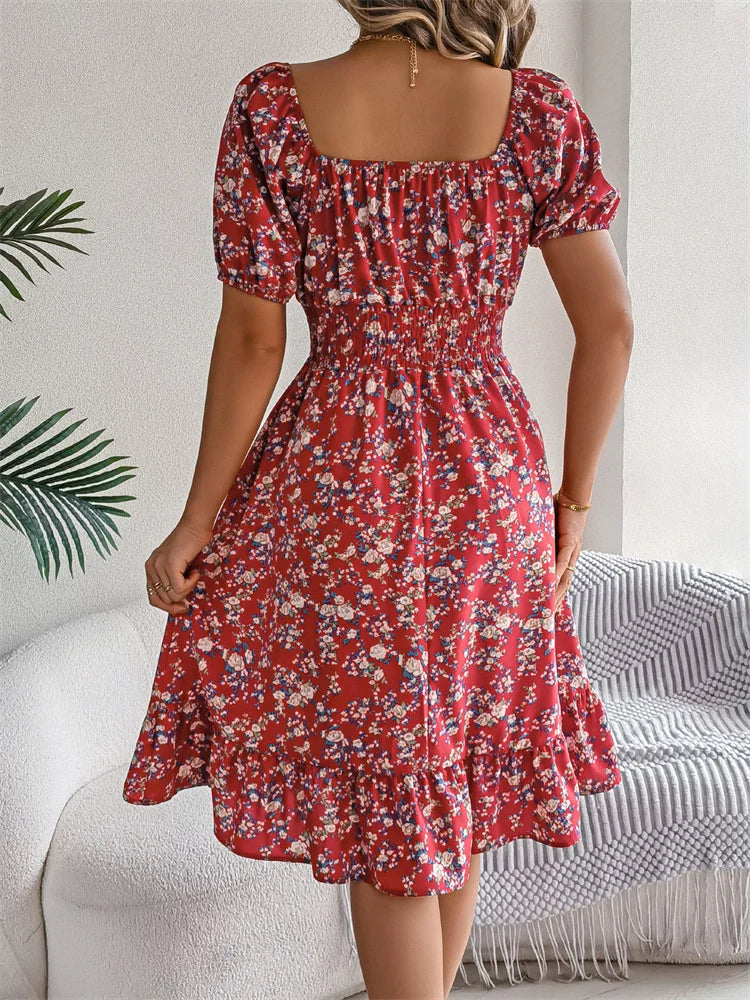 Spring Summer Square Collar Floral Mid-Length Dress Women's Casual Print A-Line Dress