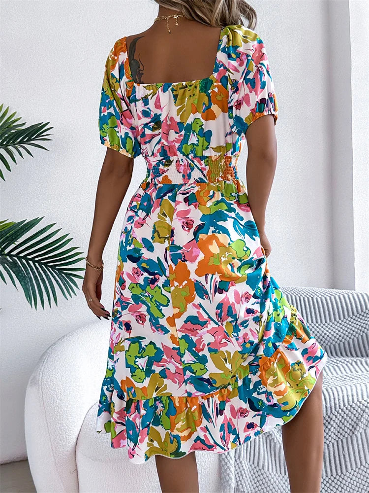 Spring Summer Square Collar Floral Mid-Length Dress Women's Casual Print A-Line Dress