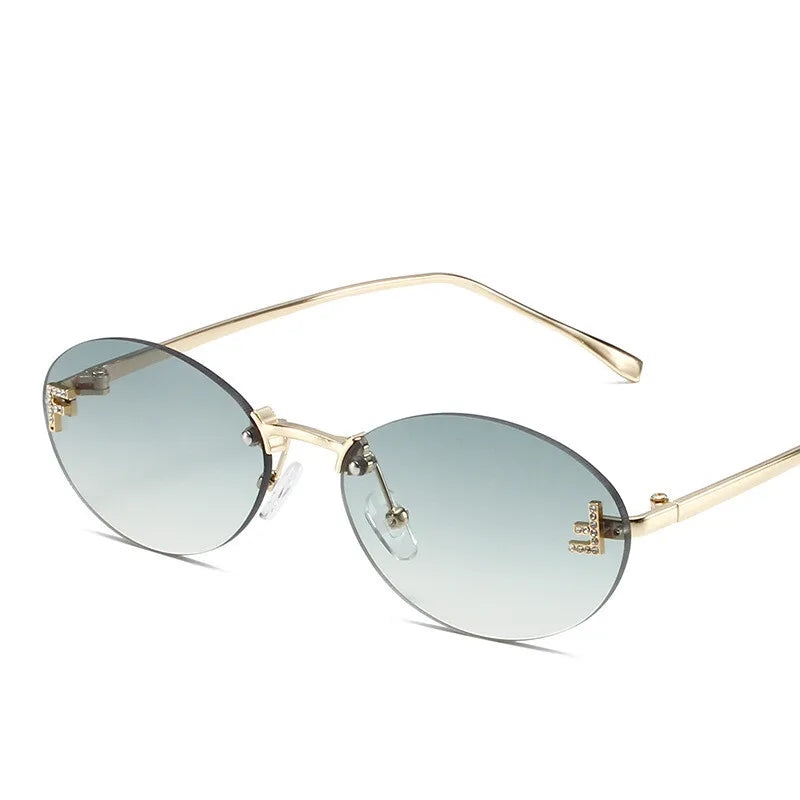 Diamond Letter "F" Rimless Sunglasses Women Luxury Brand Metal Frame Black Small Oval Sun Glasses Unsiex Elegant Shades UV400