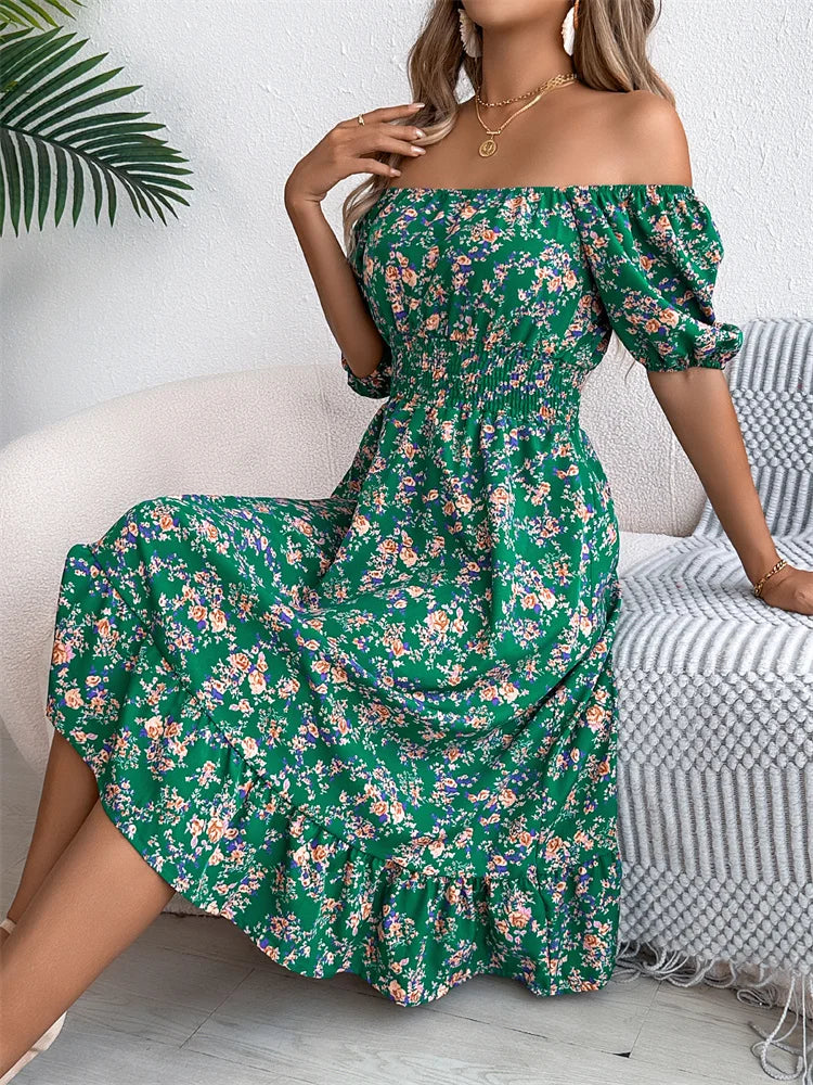 Spring Summer Square Collar Floral Mid-Length Dress Women's Casual Print A-Line Dress