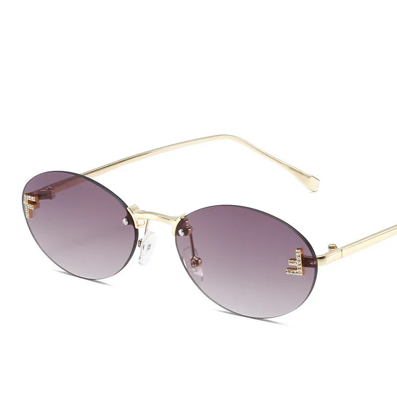 Diamond Letter "F" Rimless Sunglasses Women Luxury Brand Metal Frame Black Small Oval Sun Glasses Unsiex Elegant Shades UV400