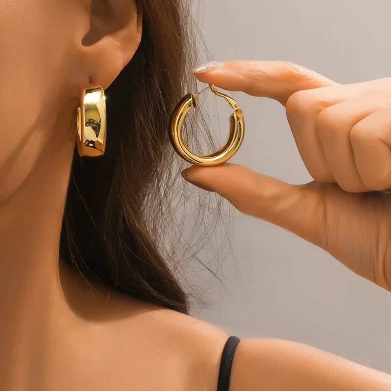 Stainless Steel Smooth Metal Chunky Hoop Earrings for Women Girls Fashion Oval Circle Hoops Statement Earrings Punk Jewelry