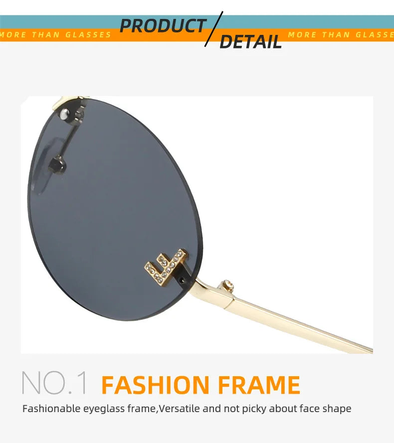 Diamond Letter "F" Rimless Sunglasses Women Luxury Brand Metal Frame Black Small Oval Sun Glasses Unsiex Elegant Shades UV400