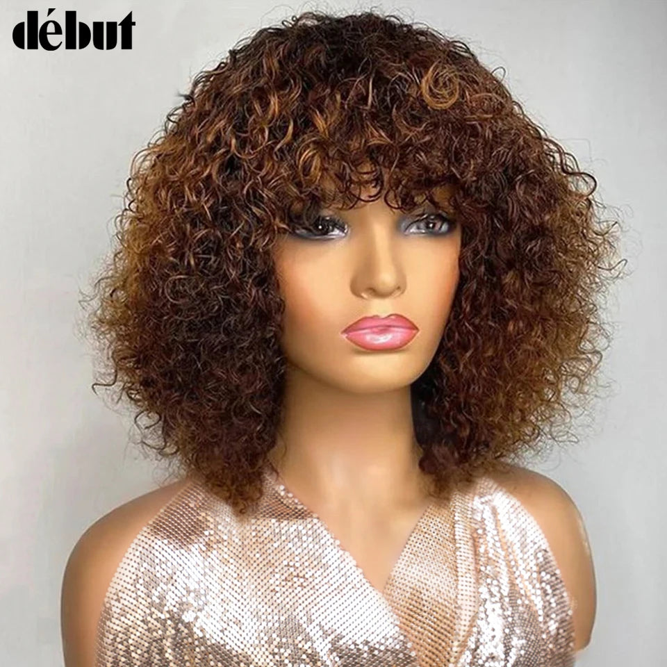 Jerry Curly Short Pixie Bob Cut Human Hair Wigs With Bangs For Women Wear To Go Peruvian Highlight Honey Water Wave Wigs