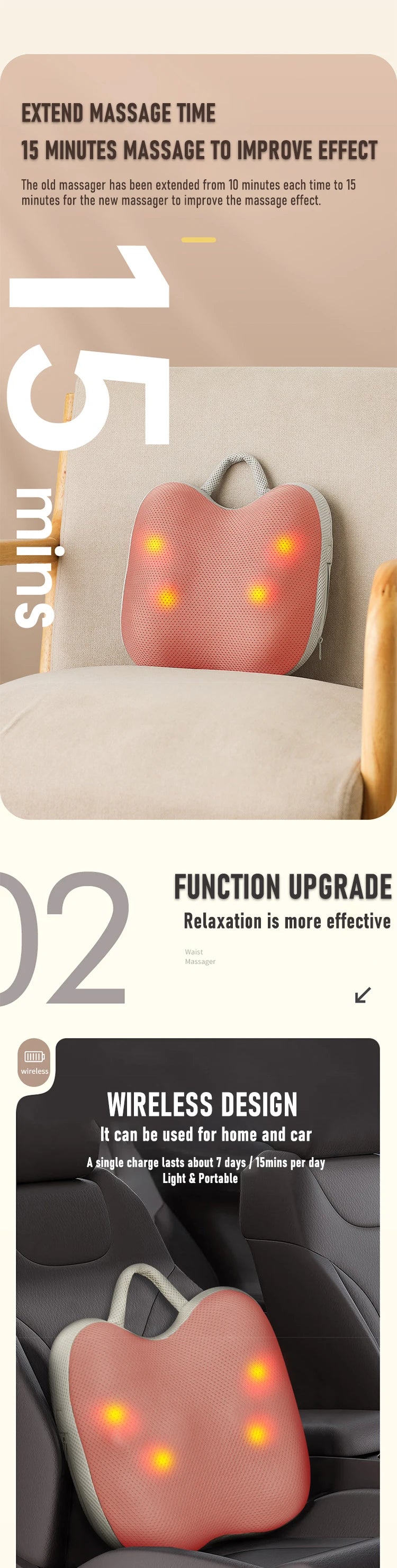 Massage cushion massager, waist and back kneading massager, full body usable, hot compress massage backrest