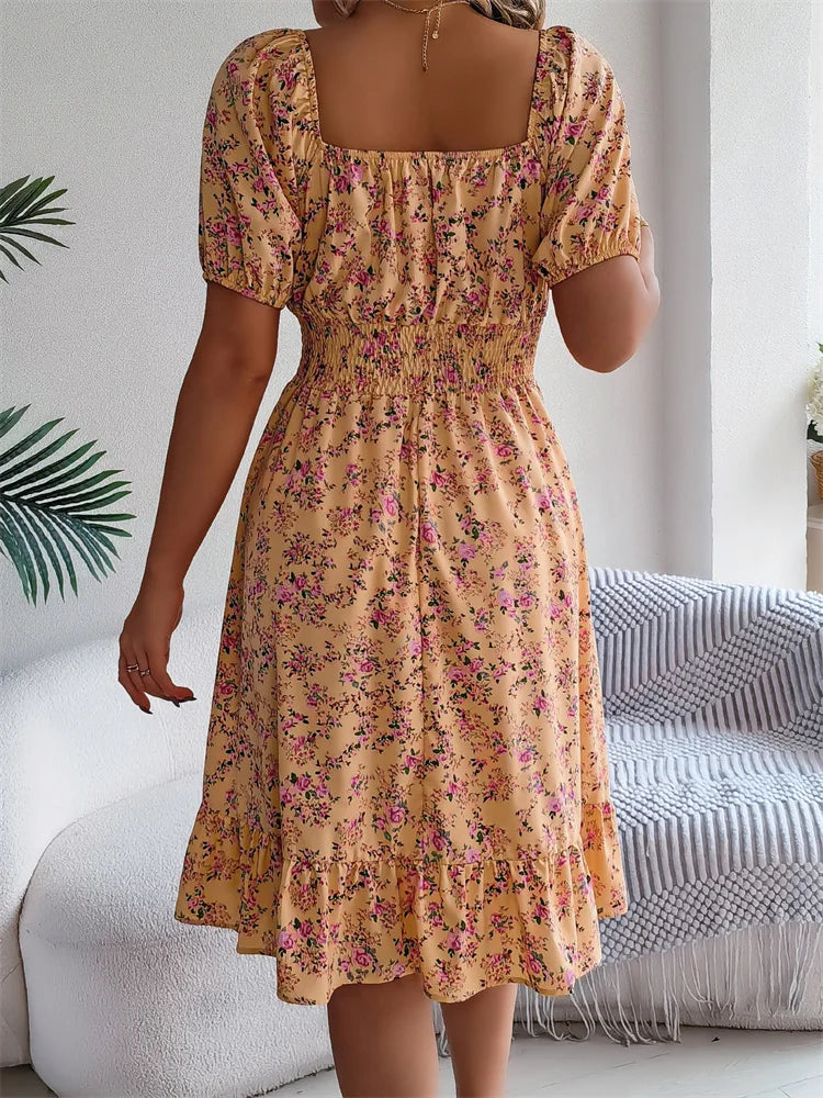 Spring Summer Square Collar Floral Mid-Length Dress Women's Casual Print A-Line Dress