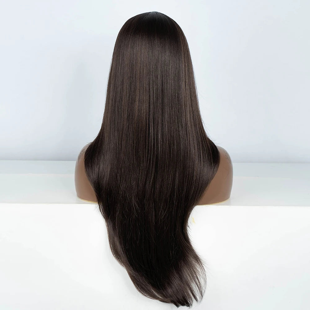Synthetic Lace Front Wig 28" Straight Ombre Chocolate Brown lace Wig Cosplay part Wig  For Women Lace Wig synthetic Lace Wig