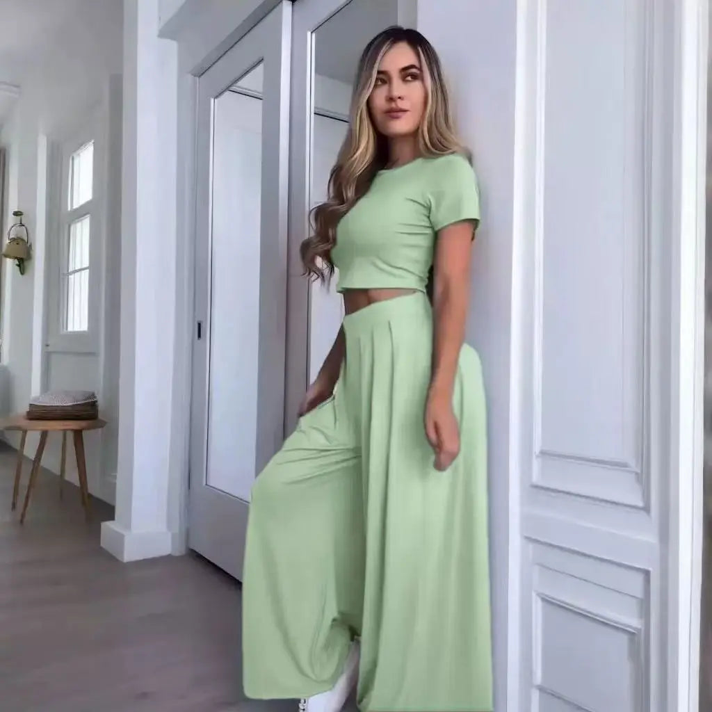 2025 Summer European and American Crew Neck Solid Color Sexy Wide-leg Pants Fashion Casual Set for Women