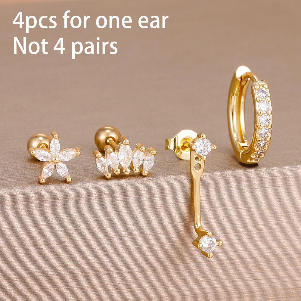 4pcs Korean Stainless Steel Zircon Water Drop Piercing Earrings Set For Women Simple Huggie Square Hoop Earring Fashion Jewelry