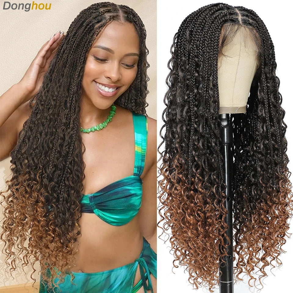 Donghou 24” Boho Box Braid Wigs Embroidery Bohemian Braids Wigs Knotless Square Part Braided Lace Wig Pre Plucked with Baby Hair