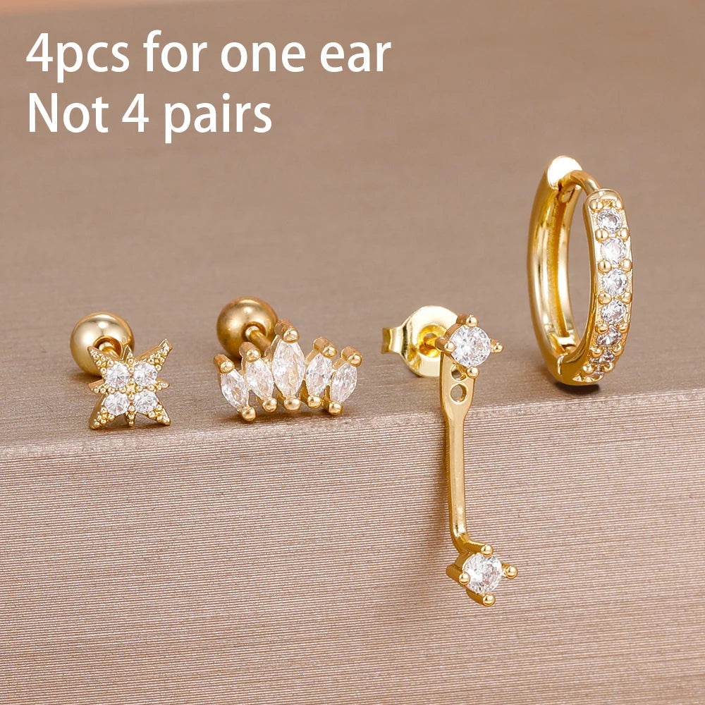 4pcs Korean Stainless Steel Zircon Water Drop Piercing Earrings Set For Women Simple Huggie Square Hoop Earring Fashion Jewelry