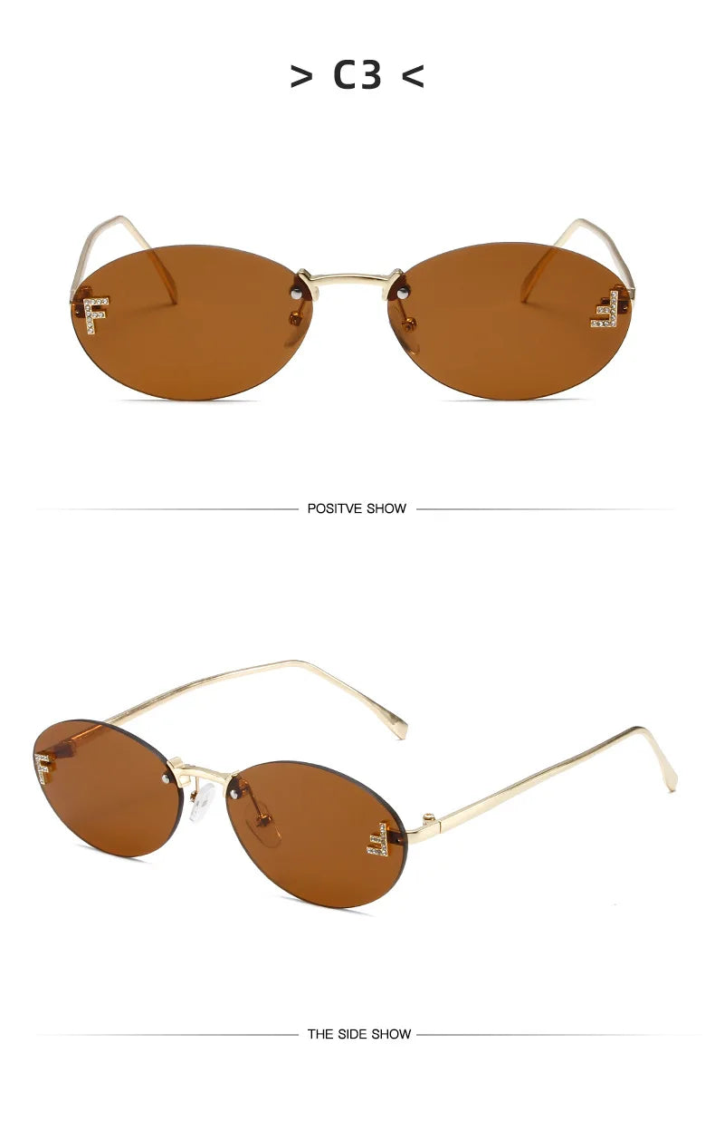 Diamond Letter "F" Rimless Sunglasses Women Luxury Brand Metal Frame Black Small Oval Sun Glasses Unsiex Elegant Shades UV400