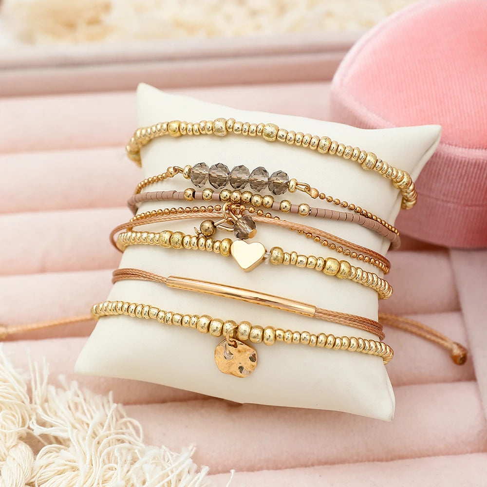 7Pcs/Set Bohemian Style Heart Beads Round Pendant Adjustable String Beads Bracelet CCB Elastic Bracelet Set For Women