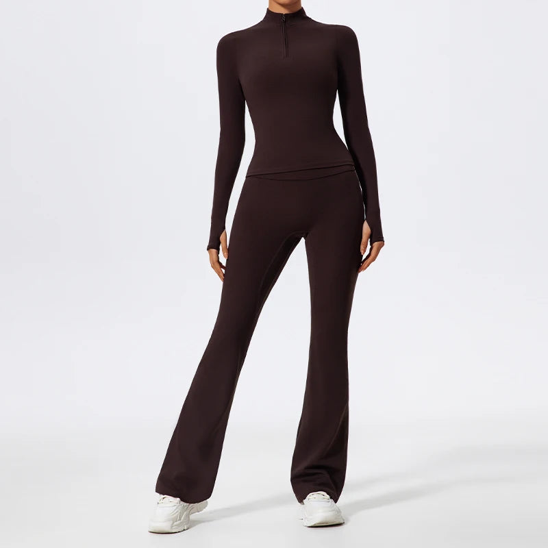 Hearuisavy Half Zipper Yoga Suit Outdoor Workout Clothing Casual Gym Set Women Flared Pants 2Pcs Sports Long Sleeves Shirt Suit