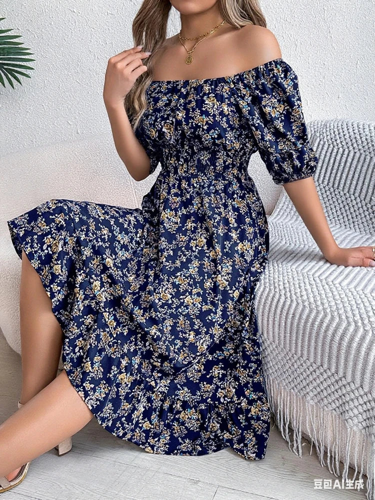 Spring Summer Square Collar Floral Mid-Length Dress Women's Casual Print A-Line Dress