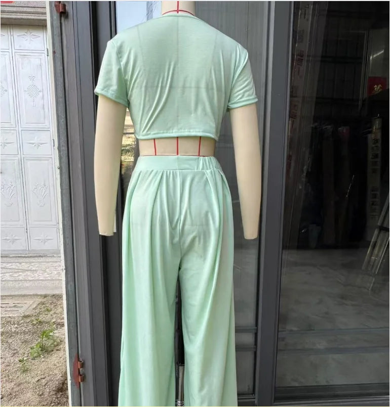 2025 Summer European and American Crew Neck Solid Color Sexy Wide-leg Pants Fashion Casual Set for Women