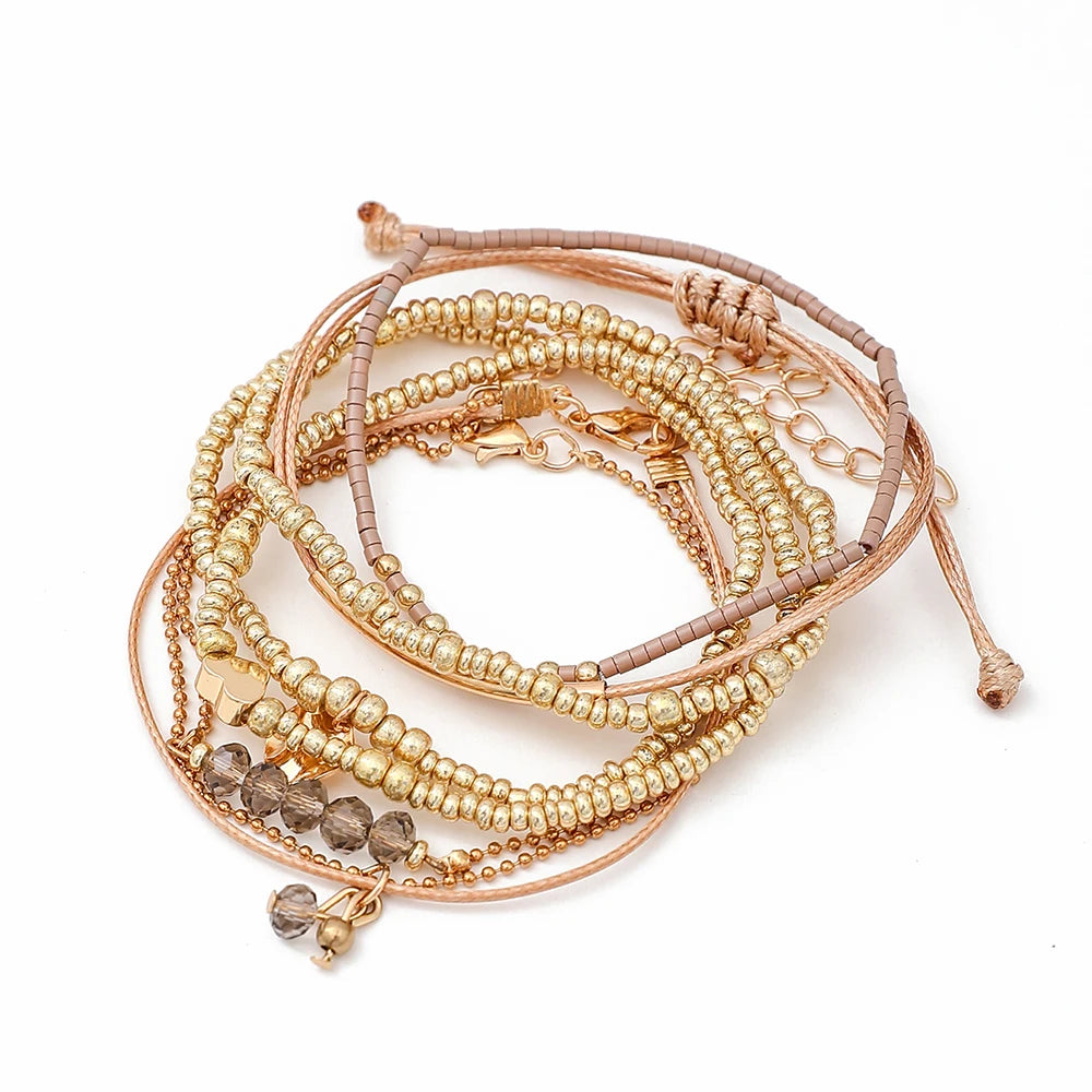 7Pcs/Set Bohemian Style Heart Beads Round Pendant Adjustable String Beads Bracelet CCB Elastic Bracelet Set For Women