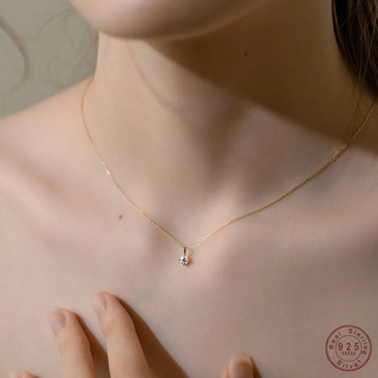 925 Sterling Silver Plated 14k Necklace Classic Four-Claw Single Zircon Clavicle Chain for Women Small Exquisite Wedding Jewelry