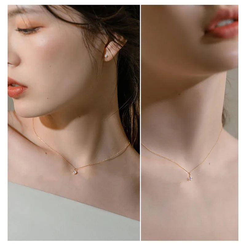 925 Sterling Silver Plated 14k Necklace Classic Four-Claw Single Zircon Clavicle Chain for Women Small Exquisite Wedding Jewelry