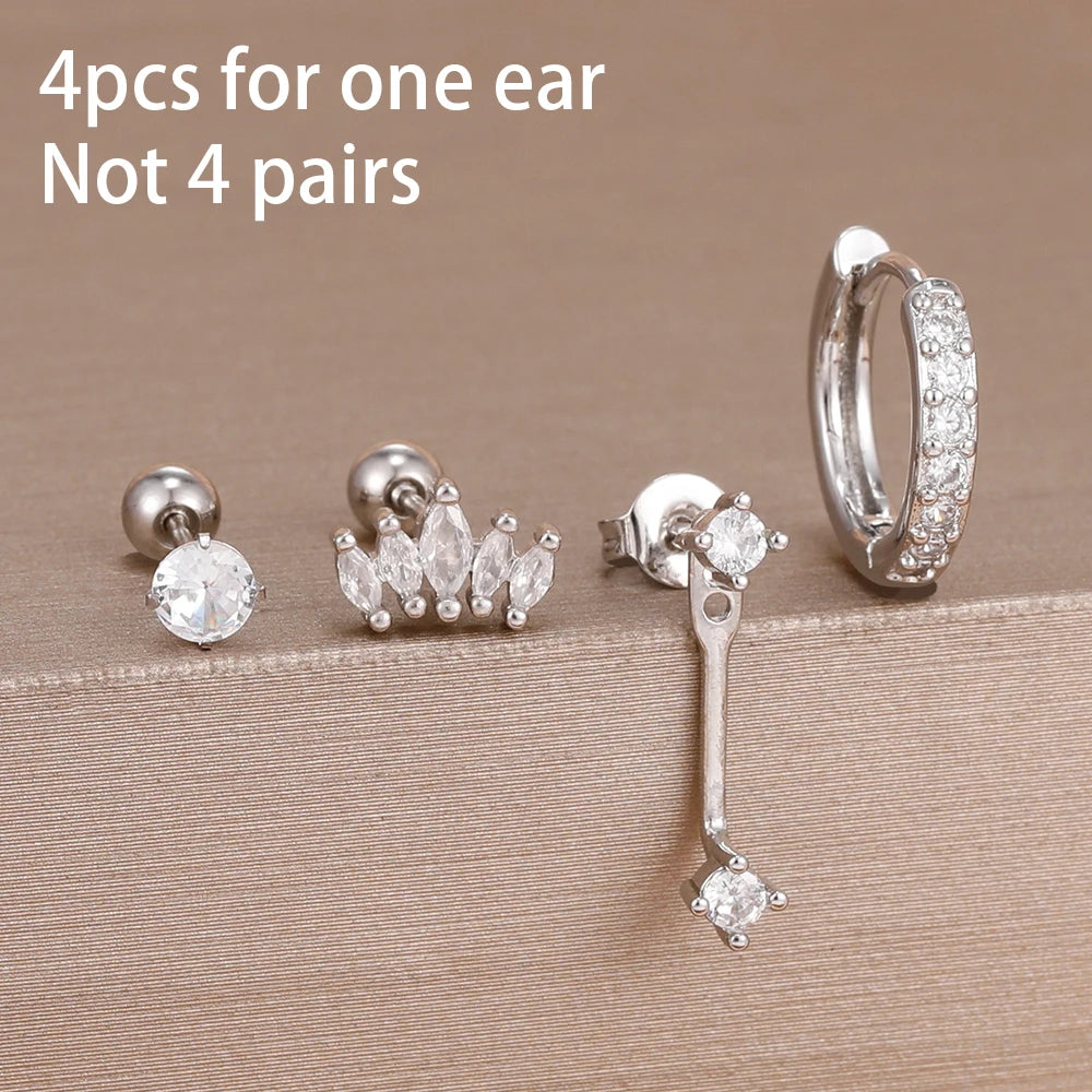 4pcs Korean Stainless Steel Zircon Water Drop Piercing Earrings Set For Women Simple Huggie Square Hoop Earring Fashion Jewelry
