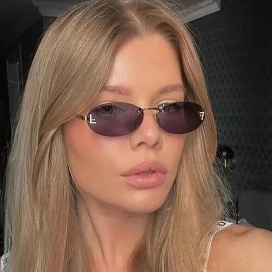 Diamond Letter "F" Rimless Sunglasses Women Luxury Brand Metal Frame Black Small Oval Sun Glasses Unsiex Elegant Shades UV400