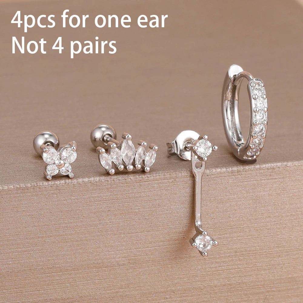 4pcs Korean Stainless Steel Zircon Water Drop Piercing Earrings Set For Women Simple Huggie Square Hoop Earring Fashion Jewelry