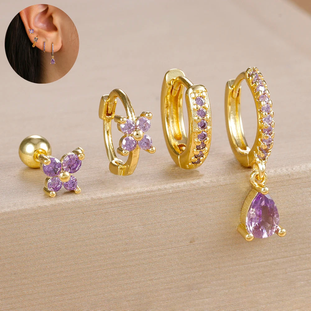 4pcs Korean Stainless Steel Zircon Water Drop Piercing Earrings Set For Women Simple Huggie Square Hoop Earring Fashion Jewelry
