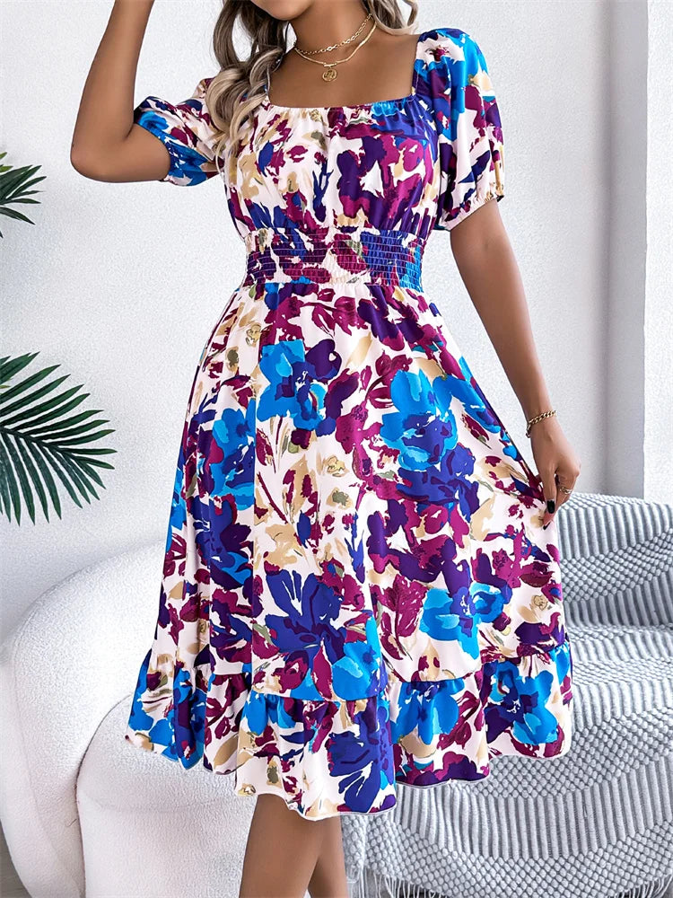 Spring Summer Square Collar Floral Mid-Length Dress Women's Casual Print A-Line Dress