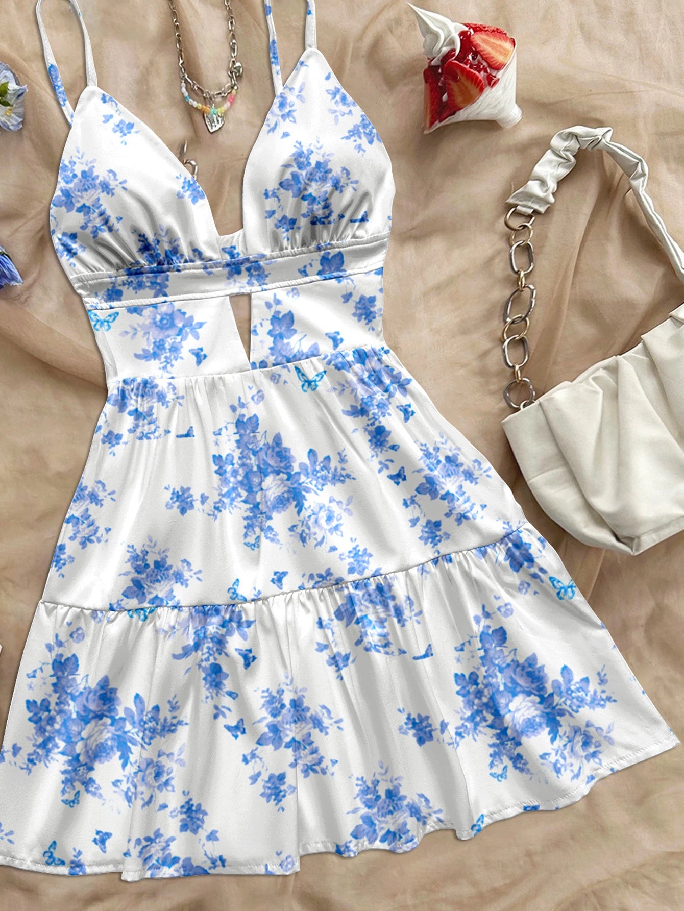 women's spring/summer new hot sale beach tropical vacation outfits light blue floral print slim fit short dress