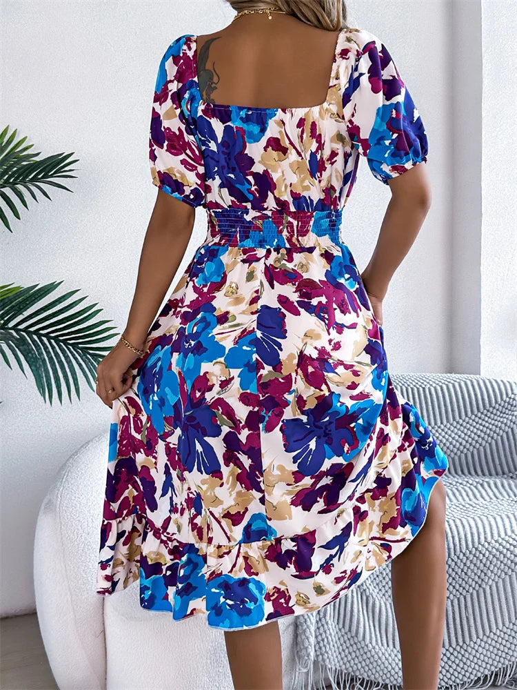 Spring Summer Square Collar Floral Mid-Length Dress Women's Casual Print A-Line Dress