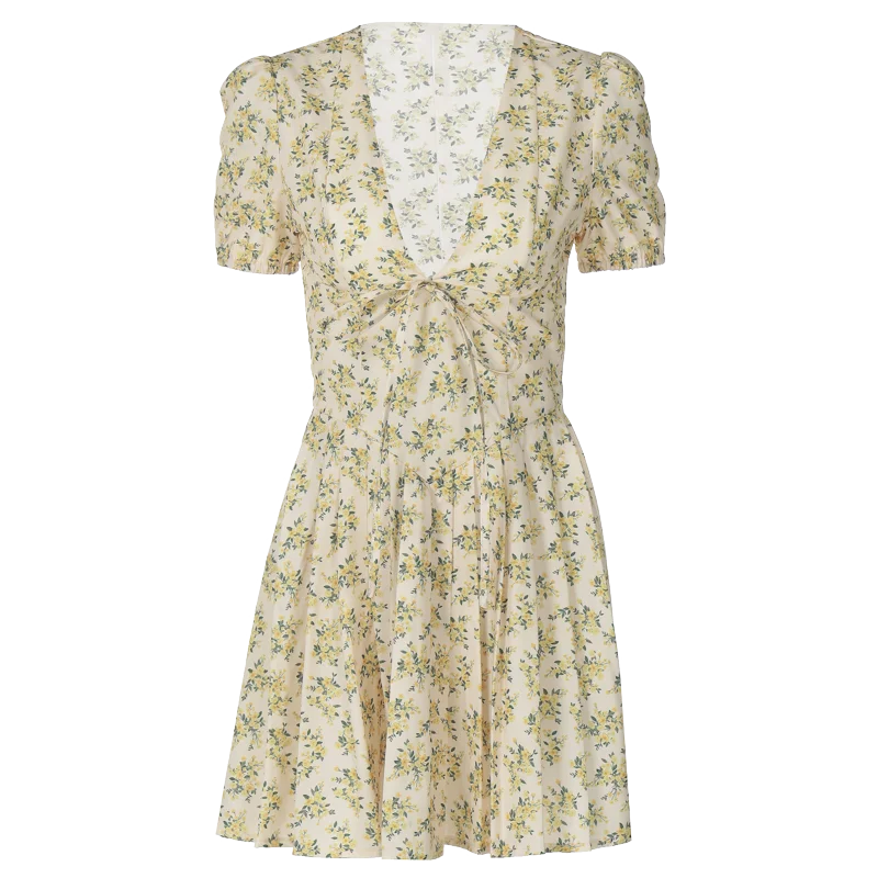 Hugcitar 2025 Floral Print V Neck Short Sleeve Lace Up Zip Up Sexy Slim Pleated Mini Dress Summer Elegant Outfits Party Vacation