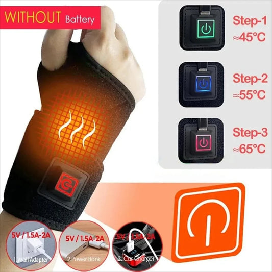 Electrically heated wrist brace with adjustable and breathable black strap for sports and hand joint protection tools