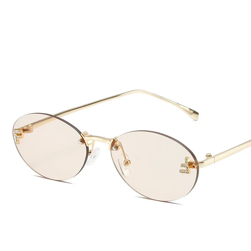 Diamond Letter "F" Rimless Sunglasses Women Luxury Brand Metal Frame Black Small Oval Sun Glasses Unsiex Elegant Shades UV400