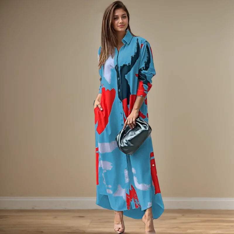 Fashion Sexy Side Split Turn Down Collar Shirt Long Dress Elegant Temperament Printed Long Sleeve Pocket Single Breasted Dress