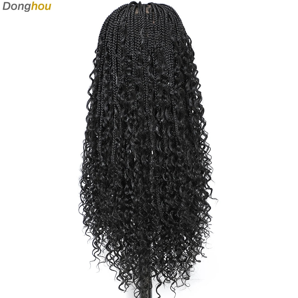 Boho Goddess Box Braid Wig with Baby Hair Lace Front Braided Wigs for Women Brown Hair Synthetic Blended Braids Wig Curly Hair